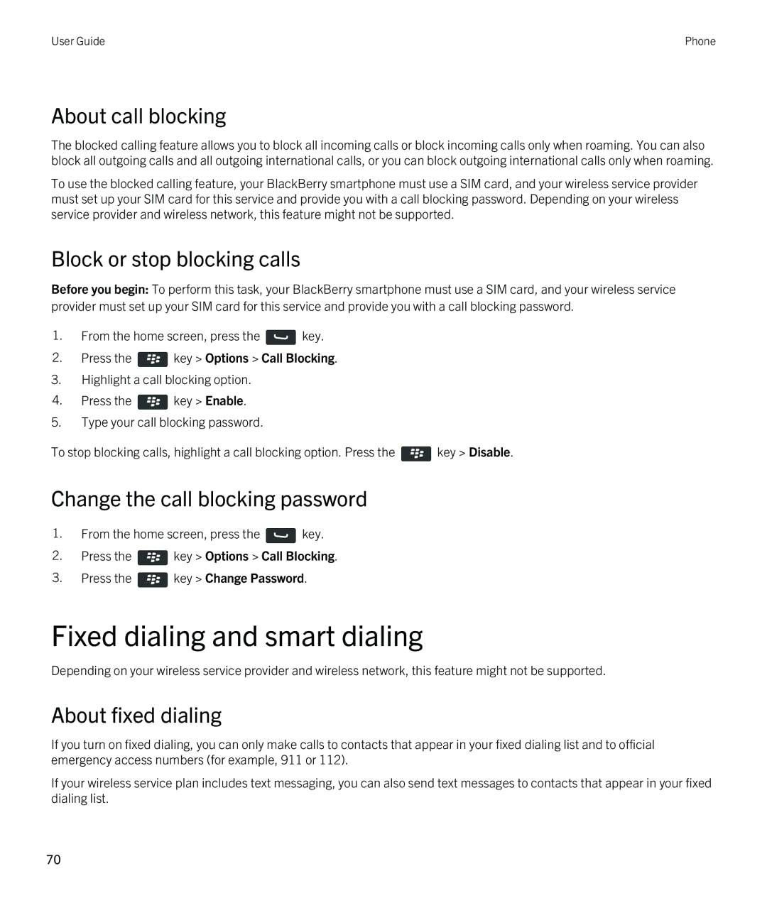 Blackberry 9790 Fixed dialing and smart dialing, About call blocking, Block or stop blocking calls, About fixed dialing 