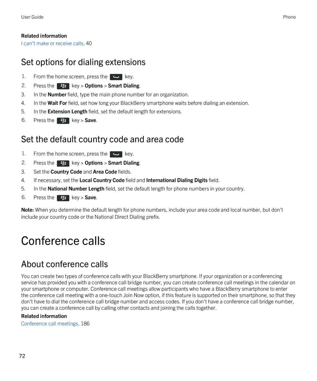 Blackberry 9790 manual Conference calls, Set options for dialing extensions, Set the default country code and area code 