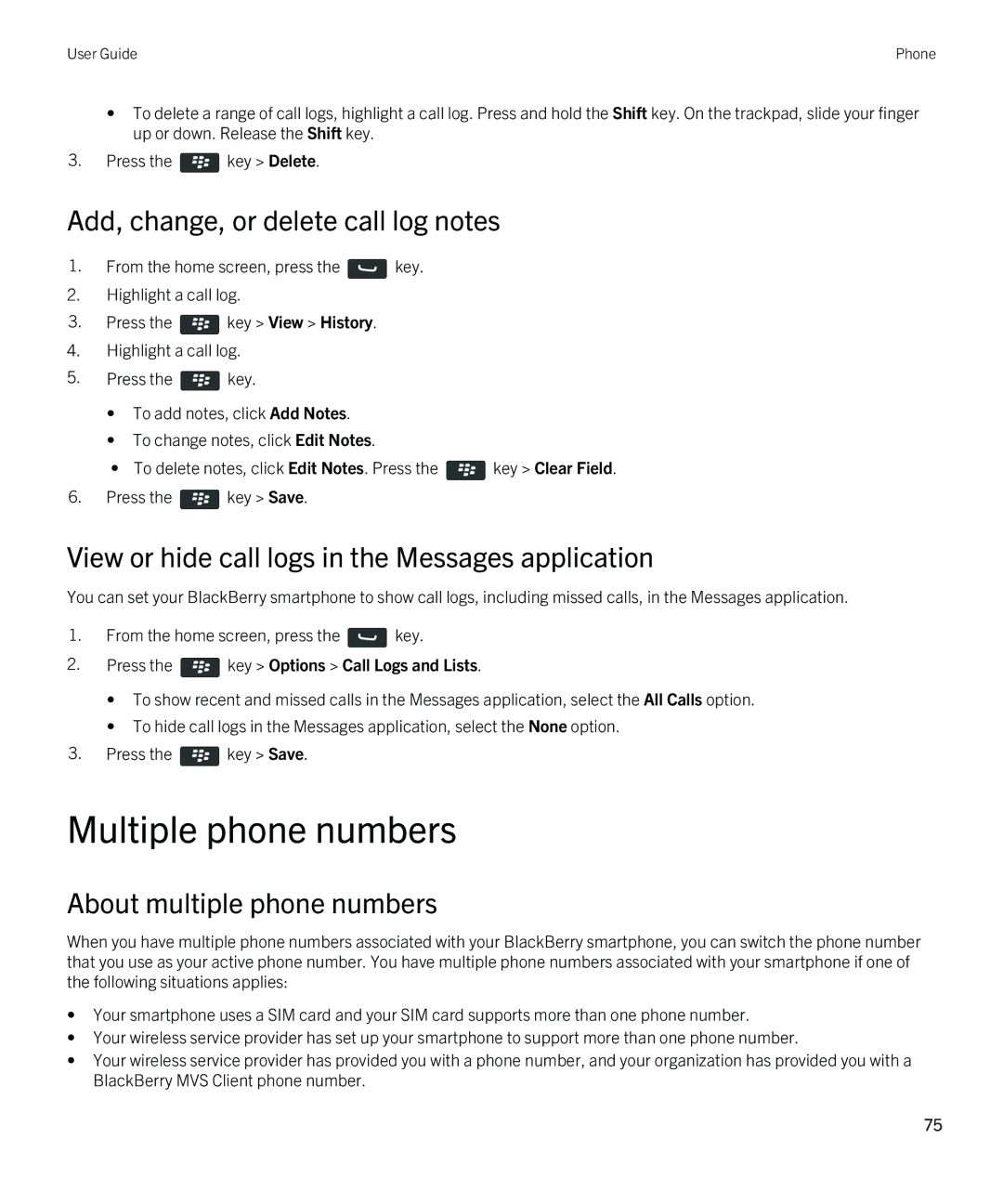 Blackberry 9790 manual Multiple phone numbers, Add, change, or delete call log notes, About multiple phone numbers 