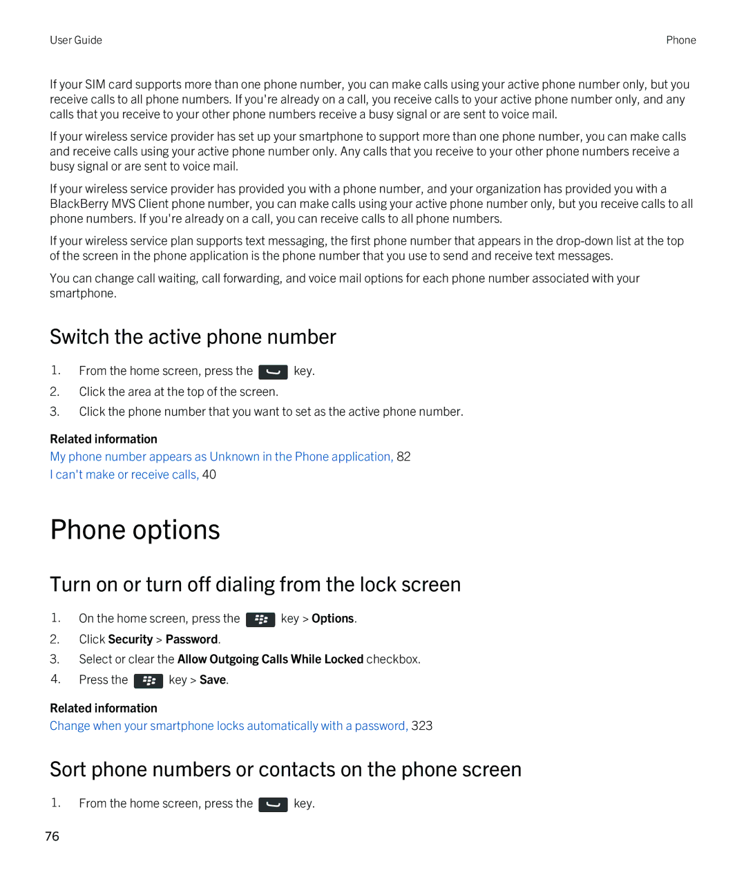 Blackberry 9790 manual Phone options, Switch the active phone number, Turn on or turn off dialing from the lock screen 