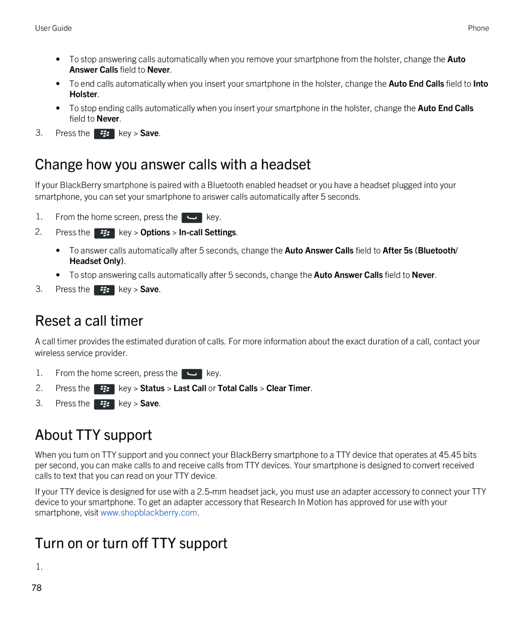 Blackberry 9790 manual Change how you answer calls with a headset, Reset a call timer, About TTY support 