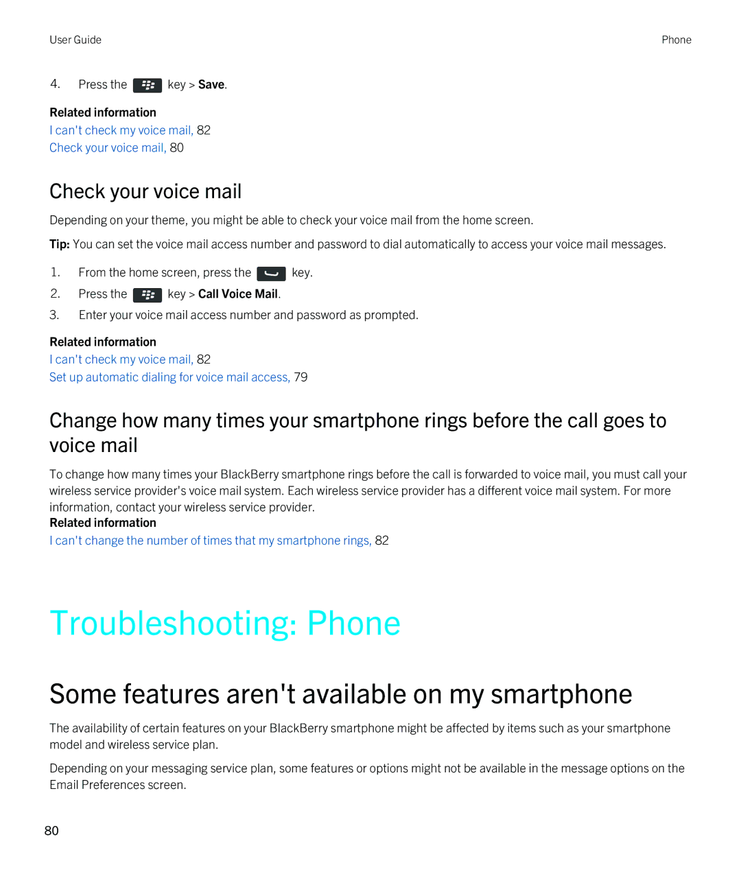 Blackberry 9790 manual Troubleshooting Phone, Some features arent available on my smartphone, Check your voice mail 