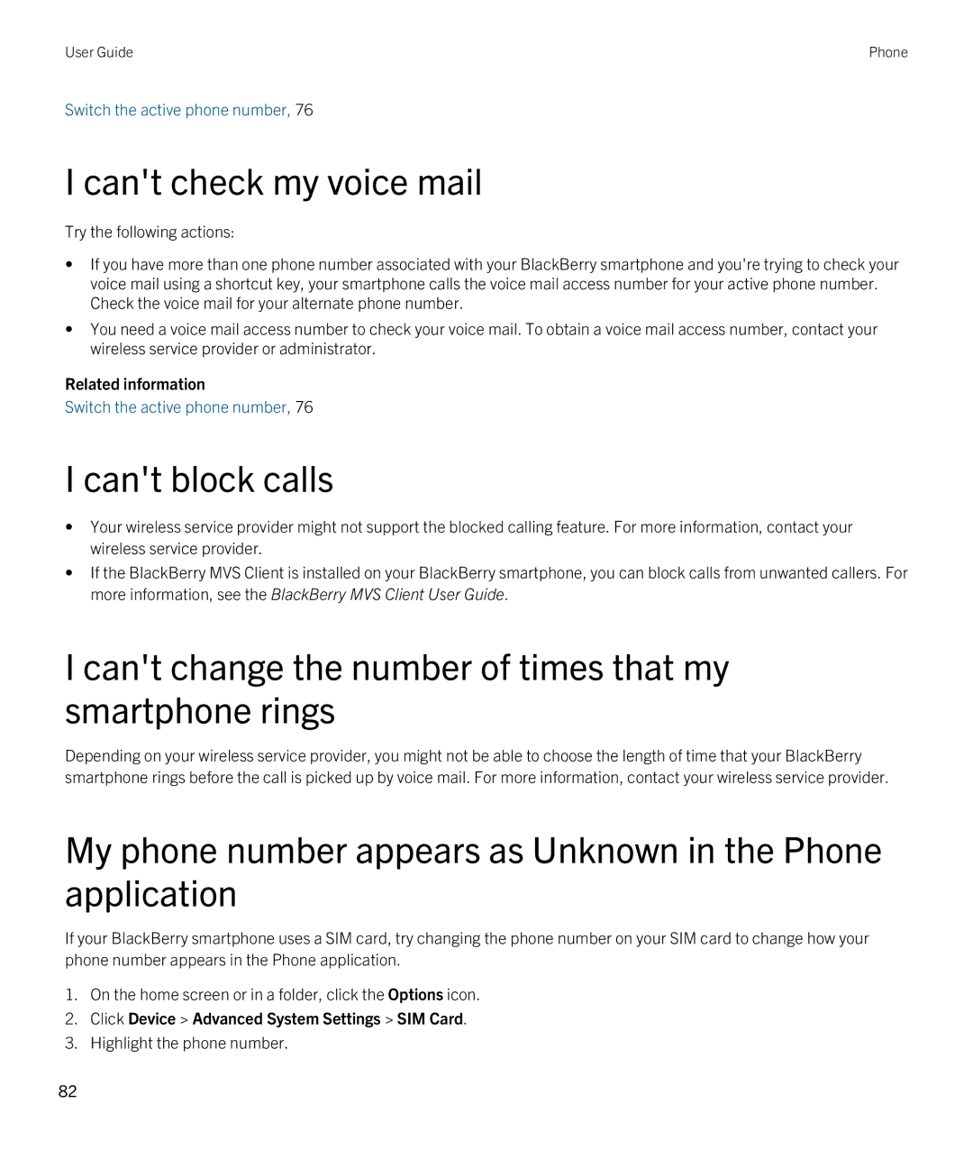 Blackberry 9790 manual Cant check my voice mail, Cant block calls, Cant change the number of times that my smartphone rings 