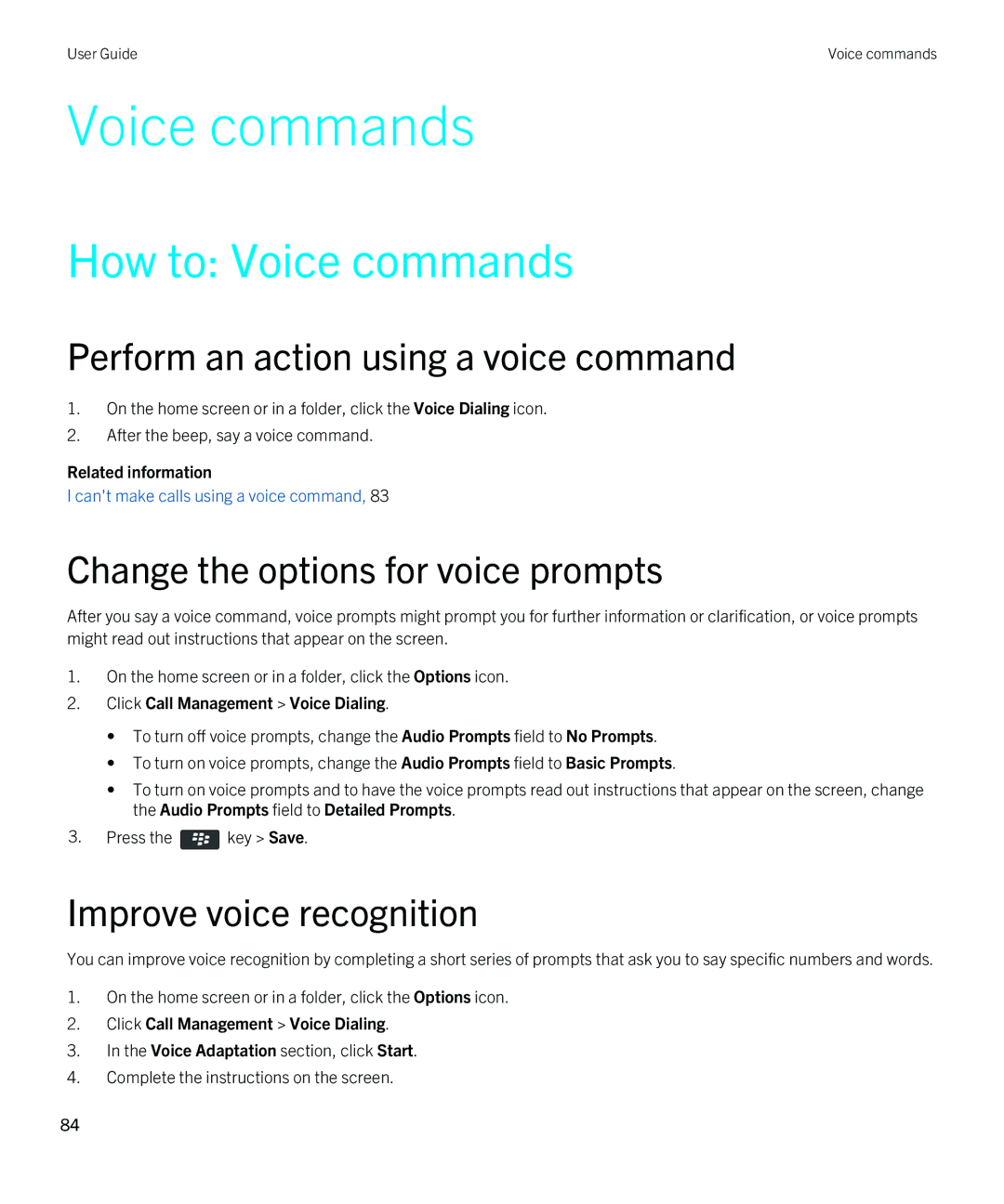 Blackberry 9790 How to Voice commands, Perform an action using a voice command, Change the options for voice prompts 