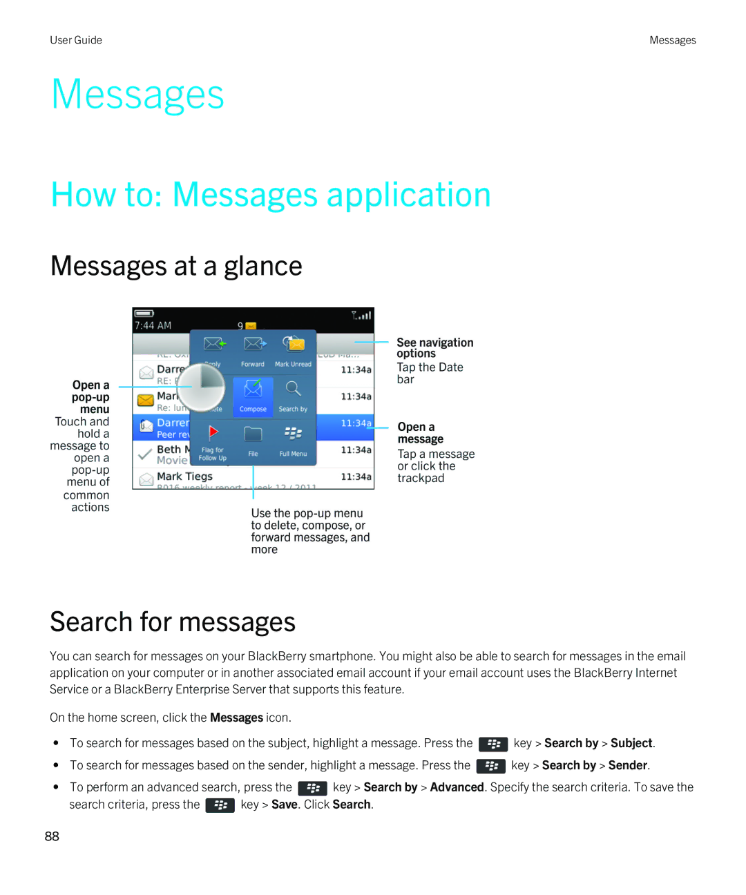 Blackberry 9790 manual How to Messages application, Messages at a glance Search for messages 