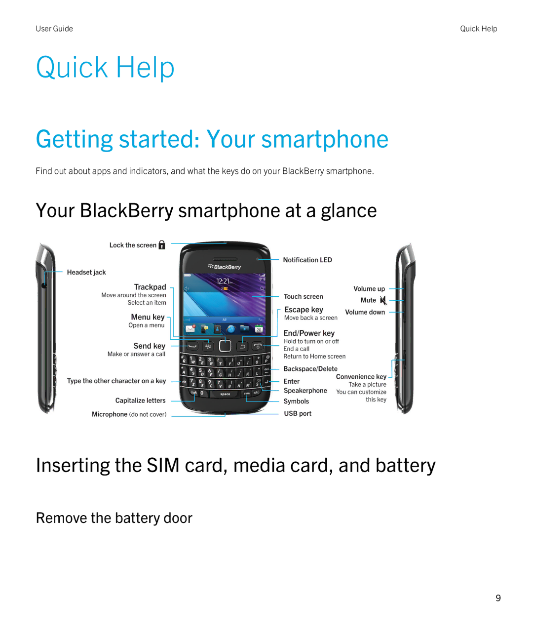 Blackberry 9790 manual Quick Help, Getting started Your smartphone, Remove the battery door 