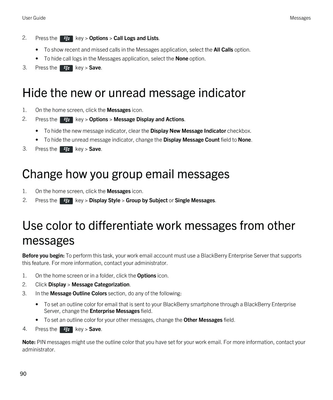 Blackberry 9790 manual Hide the new or unread message indicator, Change how you group email messages 