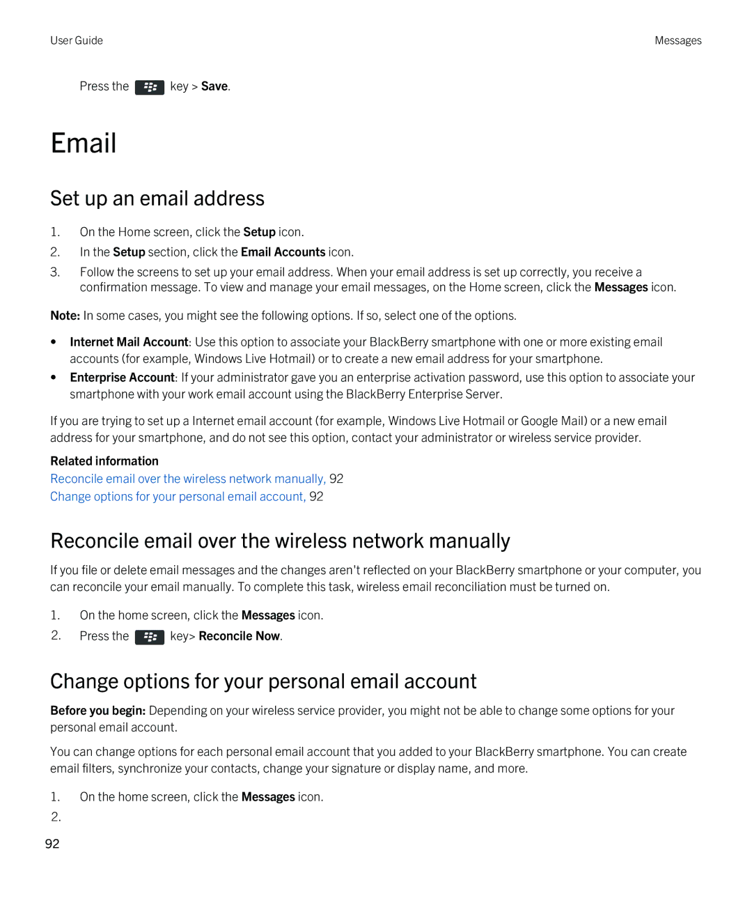 Blackberry 9790 Set up an email address, Reconcile email over the wireless network manually 