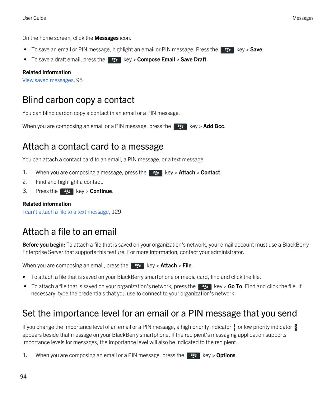 Blackberry 9790 manual Blind carbon copy a contact, Attach a contact card to a message, Attach a file to an email 