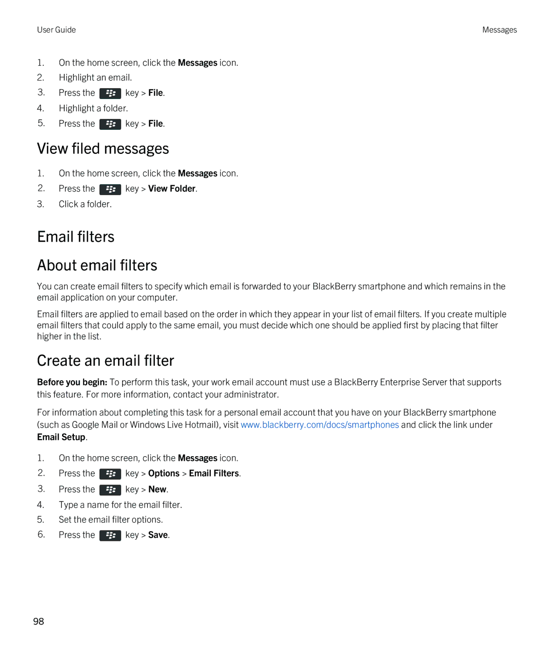 Blackberry 9790 manual View filed messages, Email filters About email filters, Create an email filter, Email Setup 