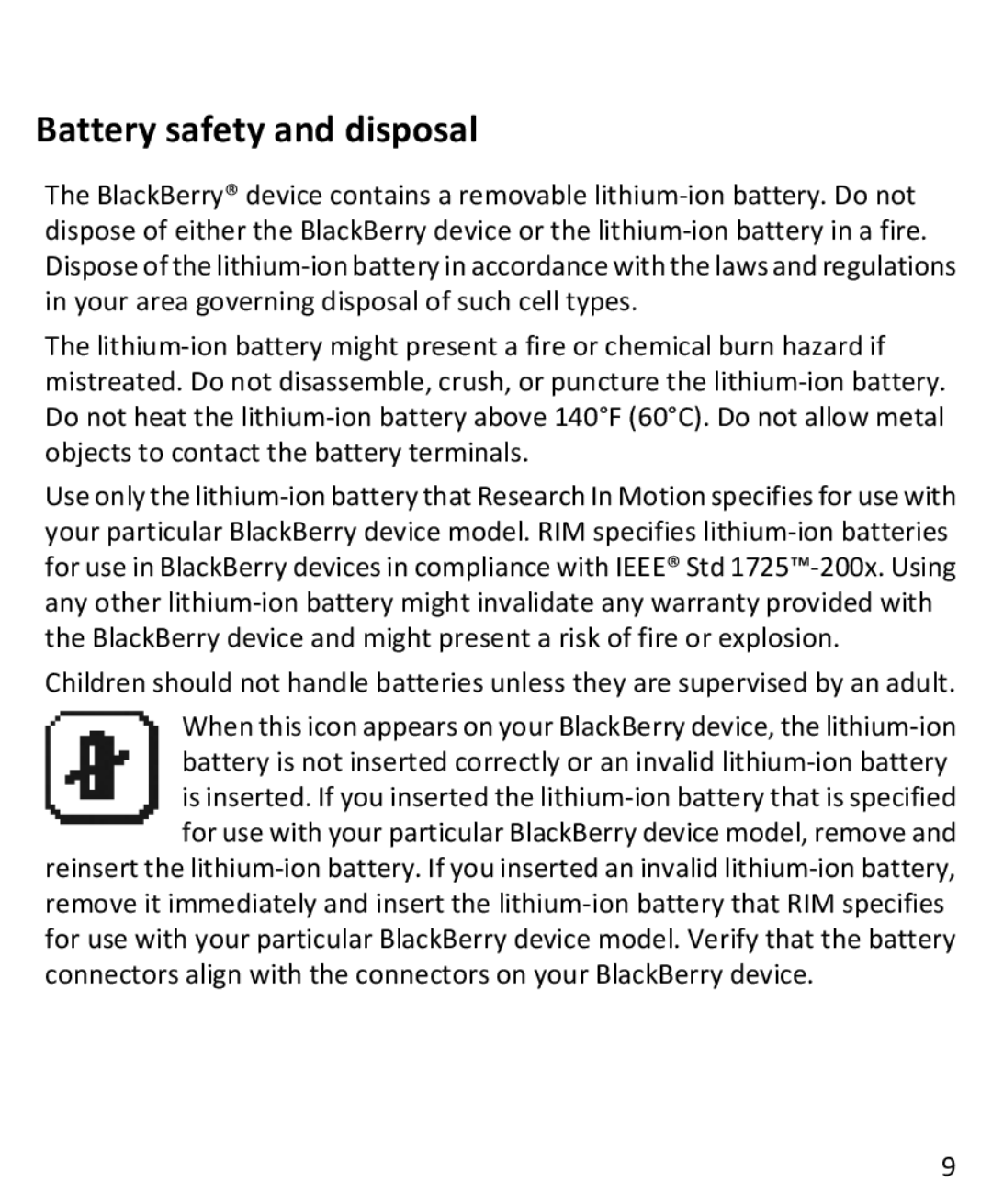 Blackberry 9800 manual Battery safety and disposal 