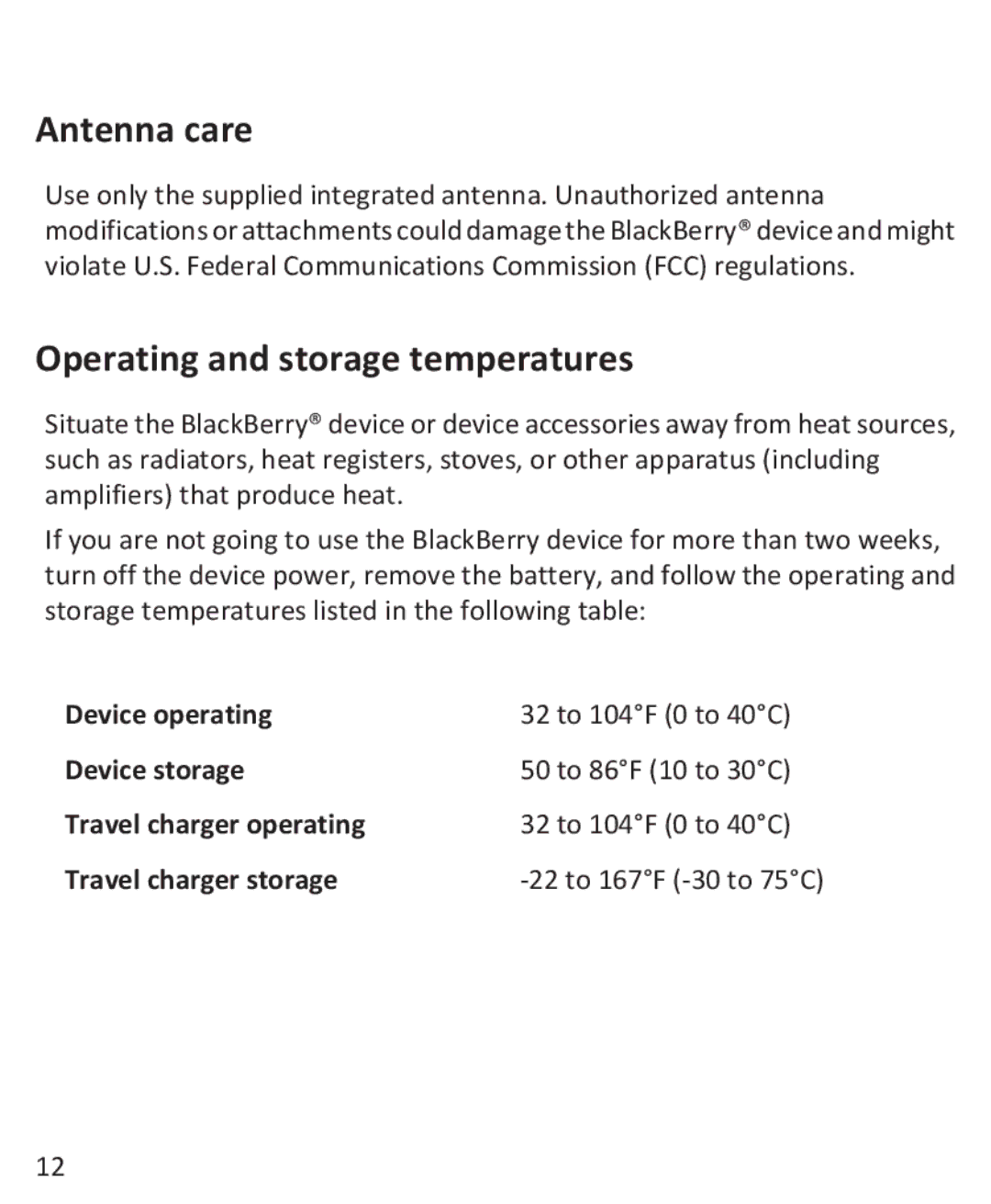 Blackberry 9800 manual Antenna care, Operating and storage temperatures 