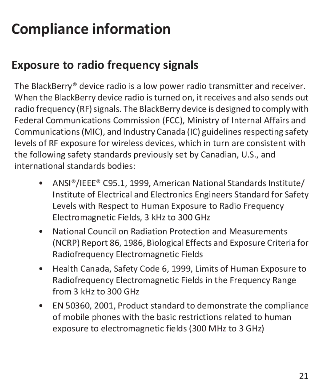 Blackberry 9800 manual Compliance information, Exposure to radio frequency signals 