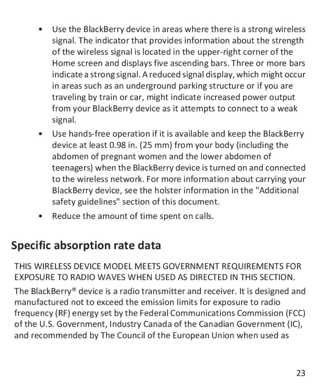 Blackberry 9800 manual Specific absorption rate data 