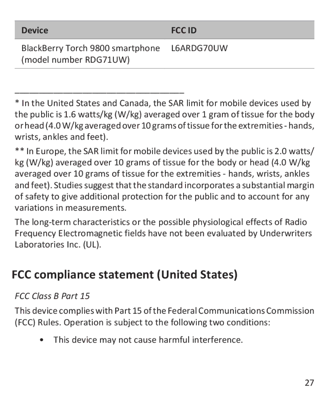 Blackberry 9800 manual FCC compliance statement United States, L6ARDG70UW 