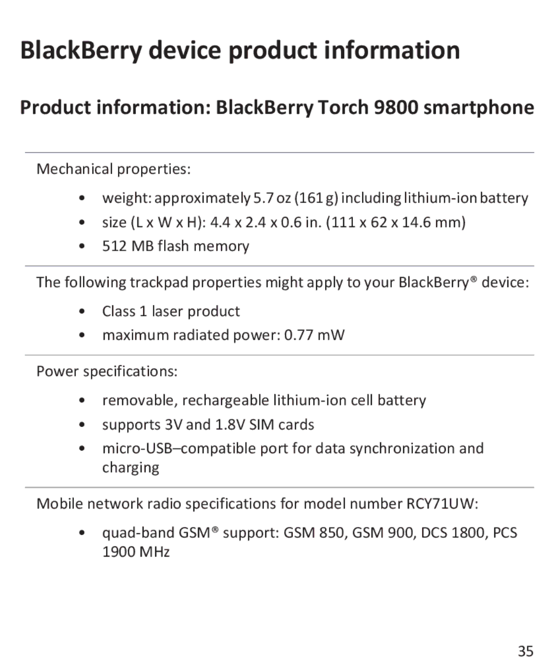 Blackberry manual BlackBerry device product information, Product information BlackBerry Torch 9800 smartphone 