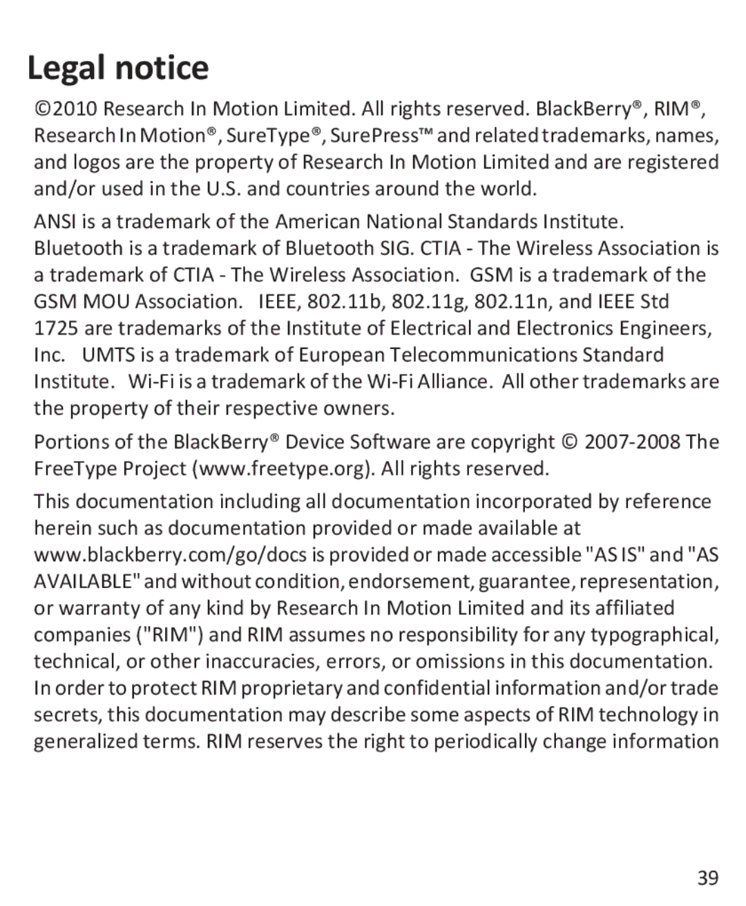 Blackberry 9800 manual Legal notice 