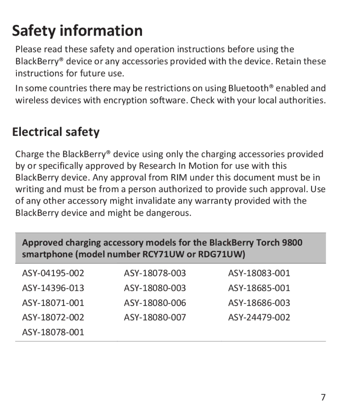 Blackberry 9800 manual Safety information, Electrical safety 