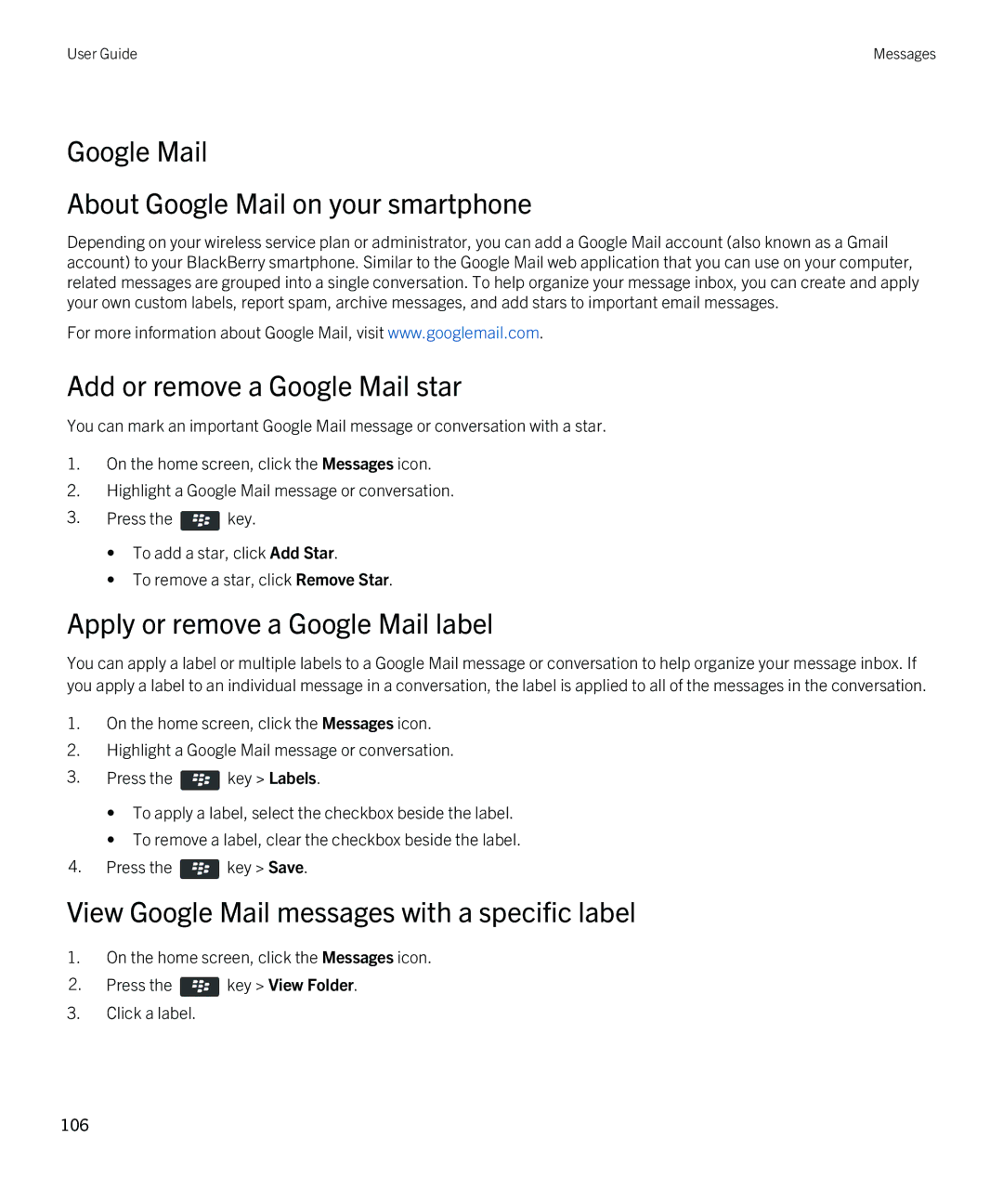 Blackberry 9810 manual Google Mail About Google Mail on your smartphone, Add or remove a Google Mail star 