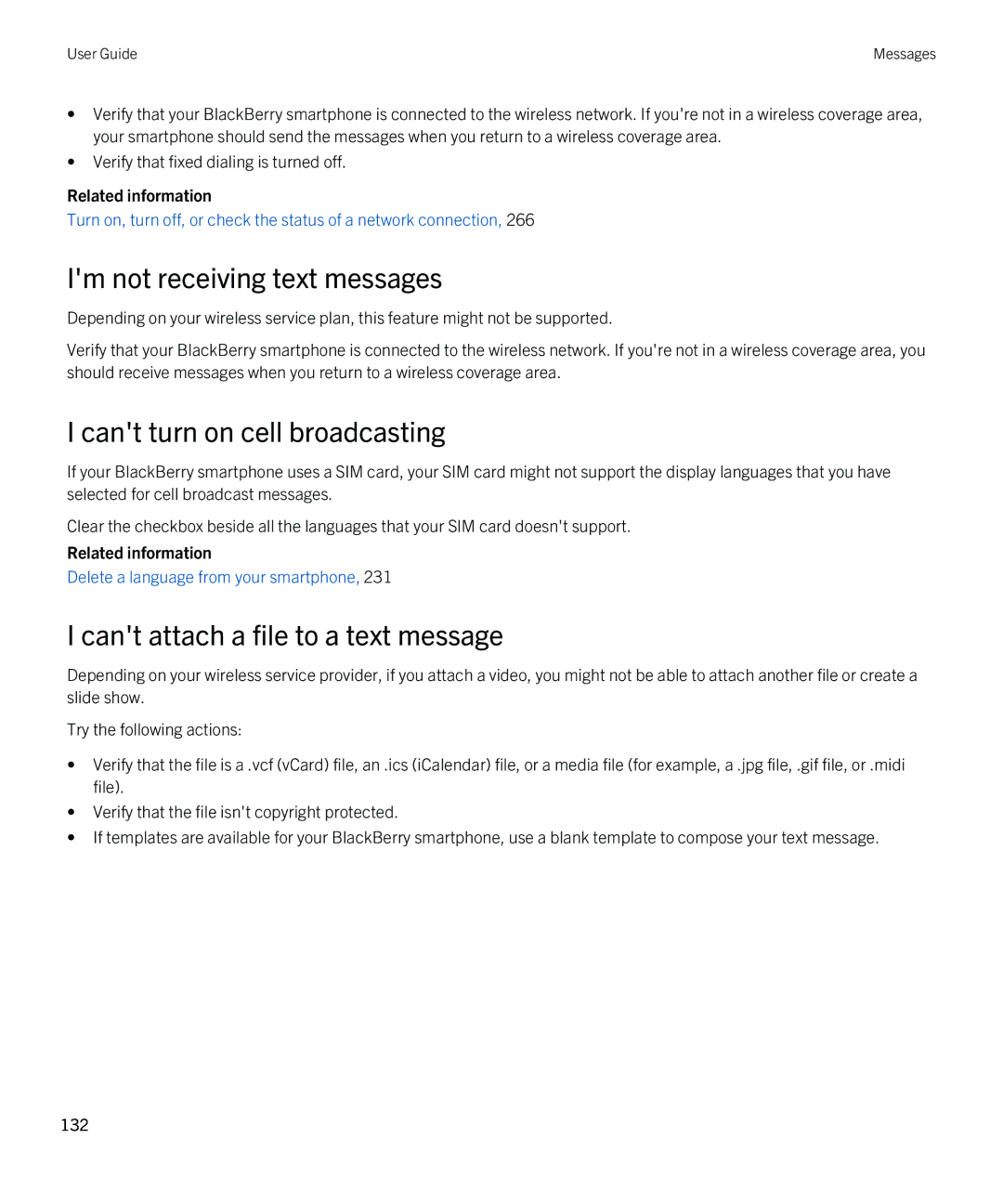 Blackberry 9810 manual Im not receiving text messages, Cant turn on cell broadcasting, Cant attach a file to a text message 