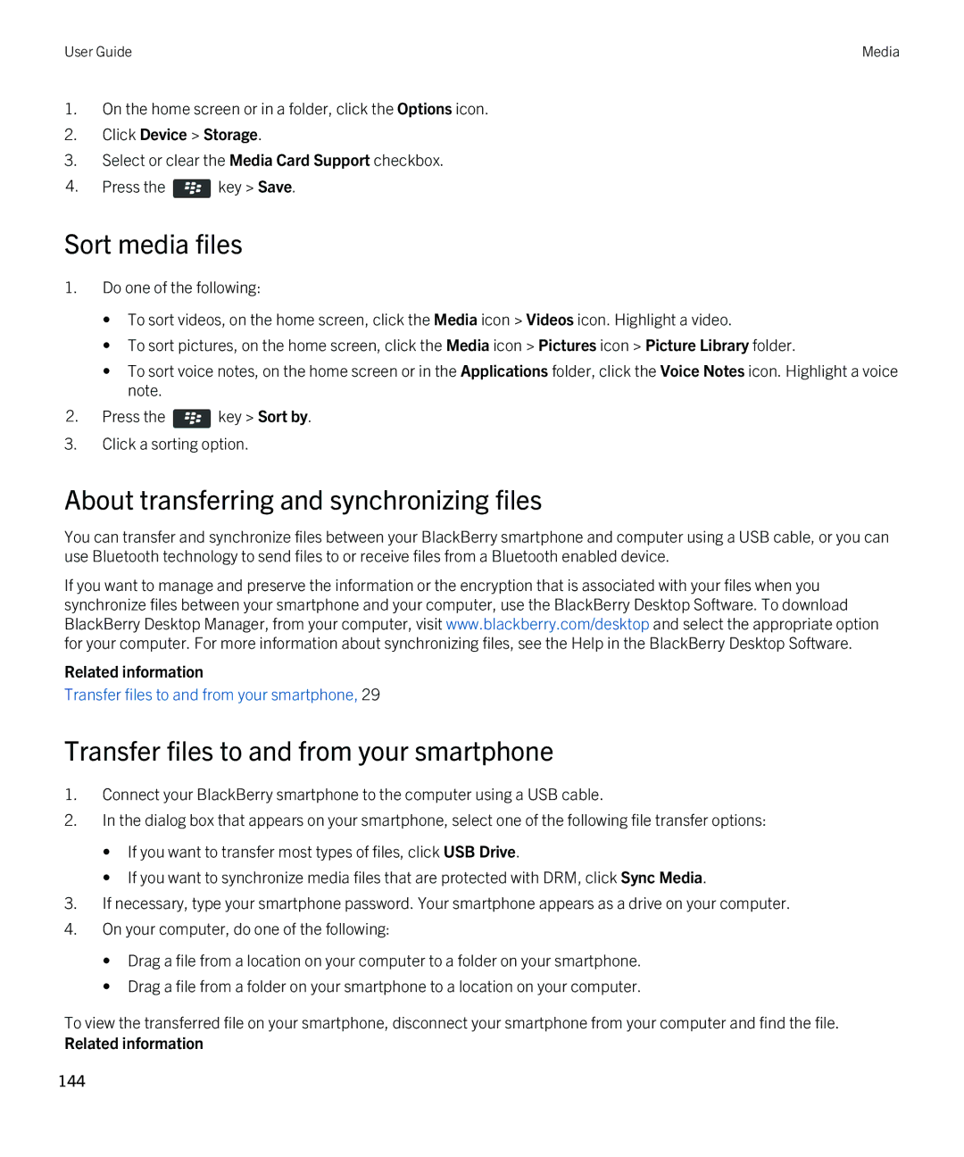 Blackberry 9810 Sort media files, About transferring and synchronizing files, Transfer files to and from your smartphone 