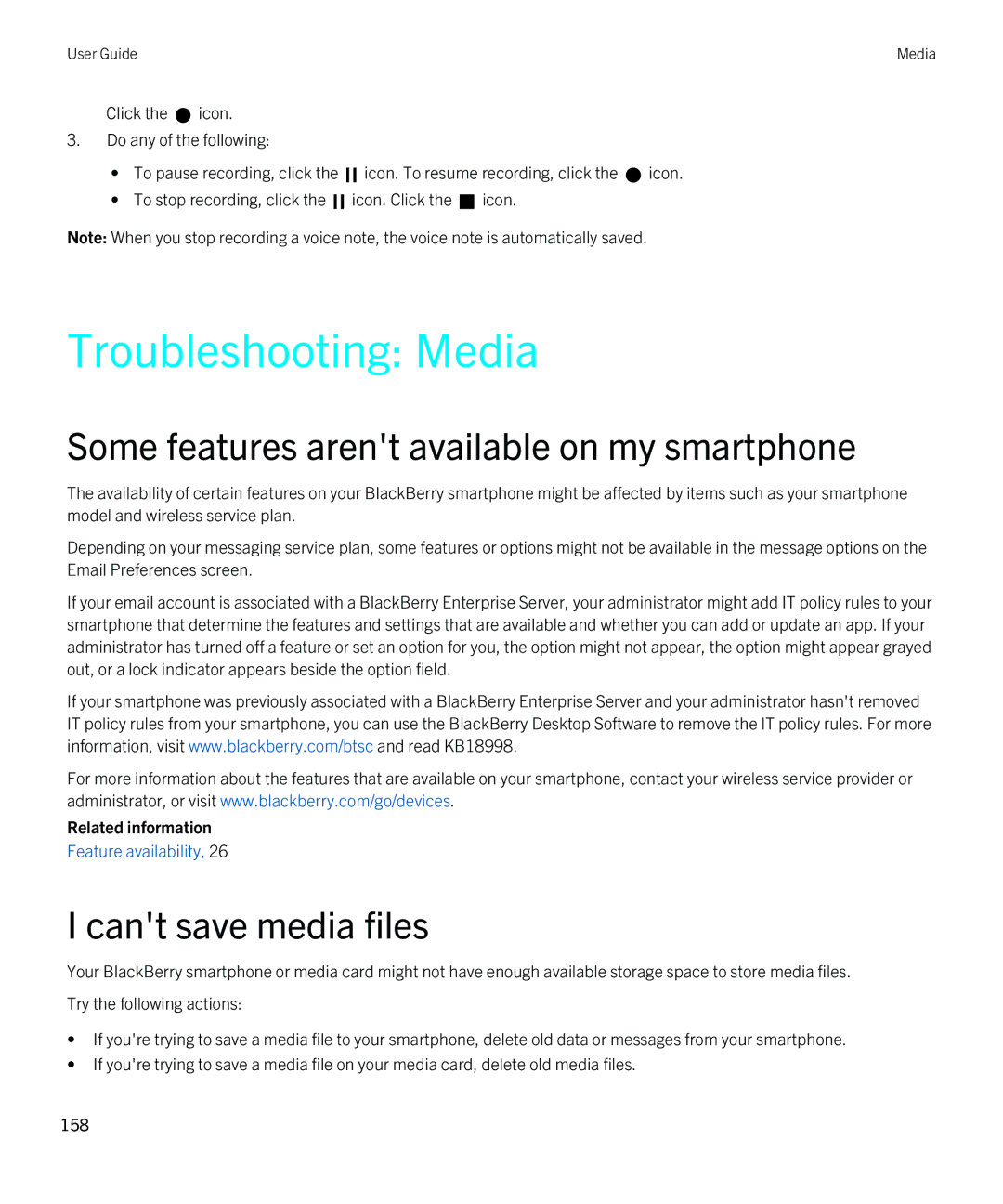 Blackberry 9810 manual Troubleshooting Media, Cant save media files 