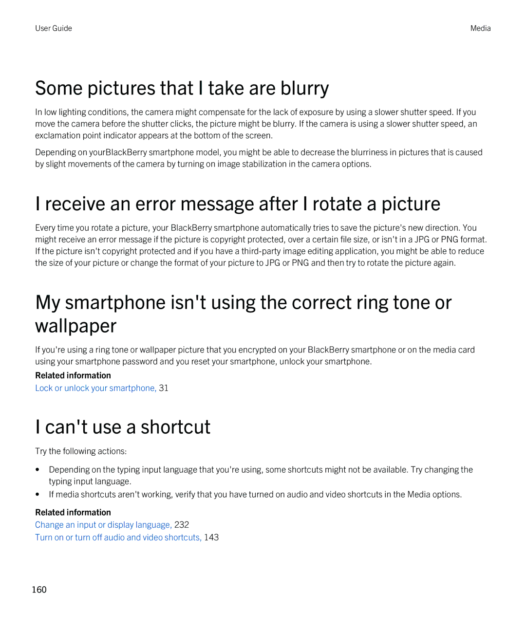 Blackberry 9810 manual Some pictures that I take are blurry, Receive an error message after I rotate a picture 