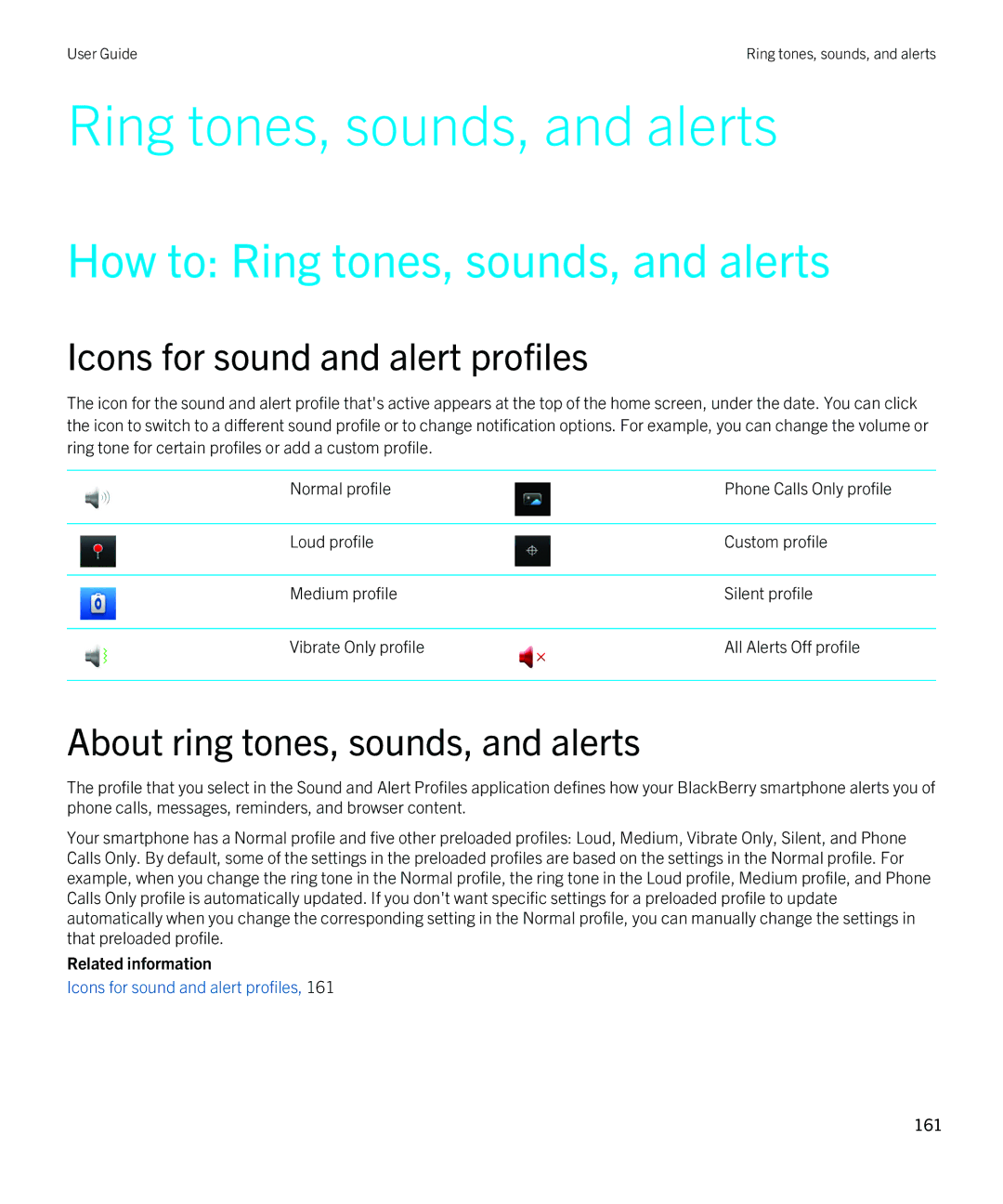 Blackberry 9810 manual How to Ring tones, sounds, and alerts, Icons for sound and alert profiles 