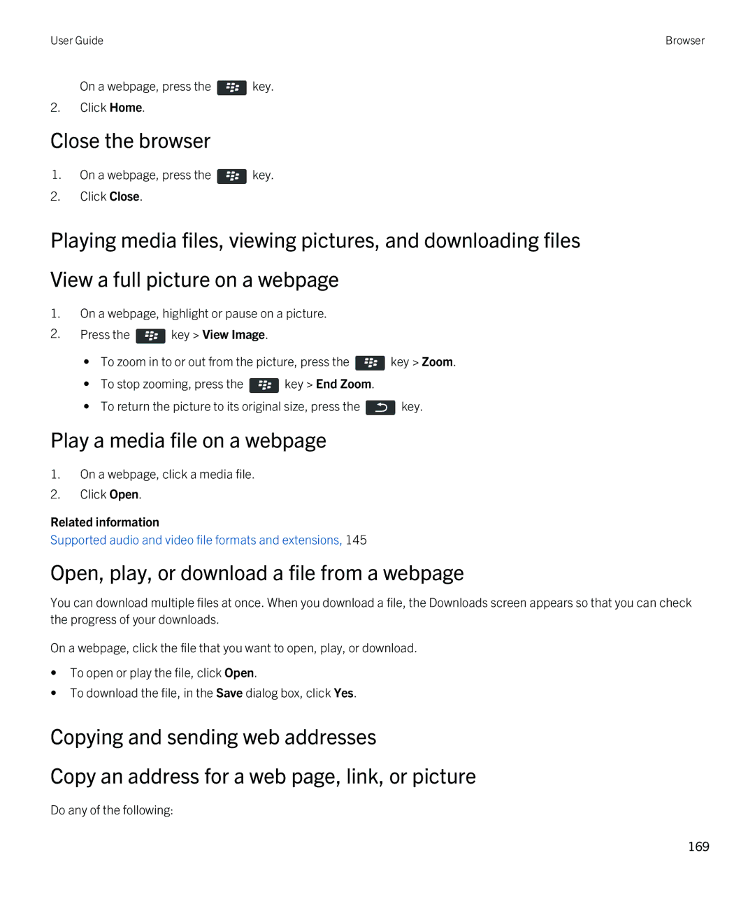 Blackberry 9810 manual Close the browser, Play a media file on a webpage, Open, play, or download a file from a webpage 