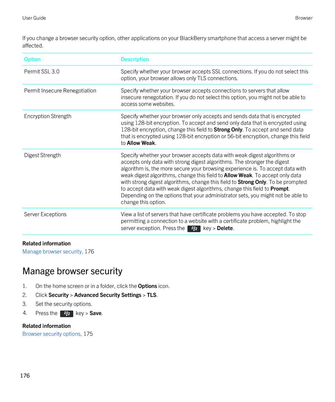 Blackberry 9810 manual Manage browser security, To Allow Weak, Click Security Advanced Security Settings TLS 