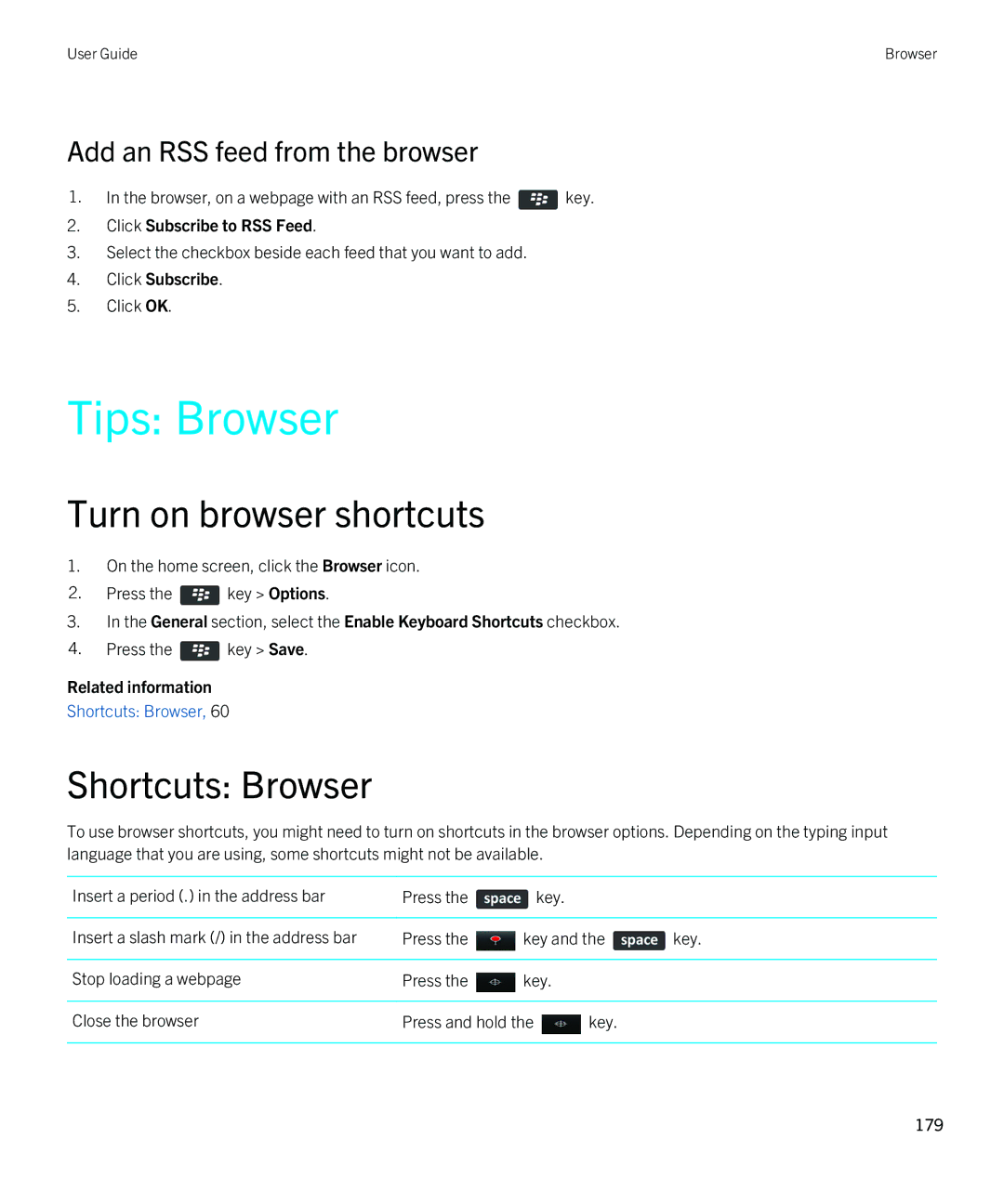 Blackberry 9810 manual Tips Browser, Turn on browser shortcuts, Shortcuts Browser, Add an RSS feed from the browser 