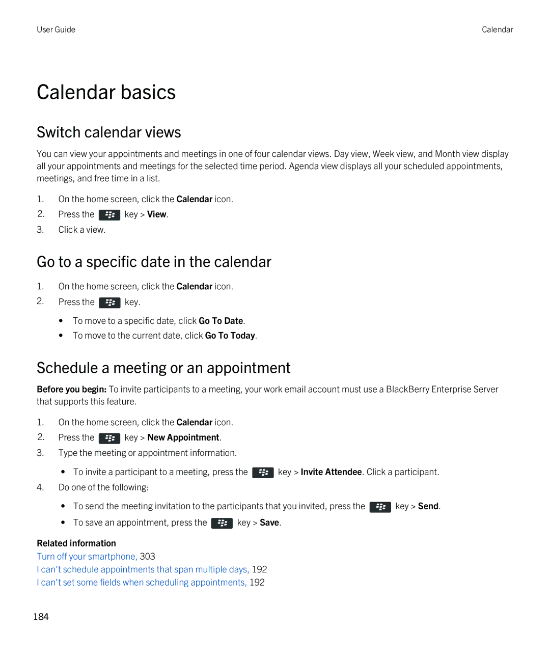 Blackberry 9810 manual Calendar basics, Switch calendar views, Go to a specific date in the calendar 