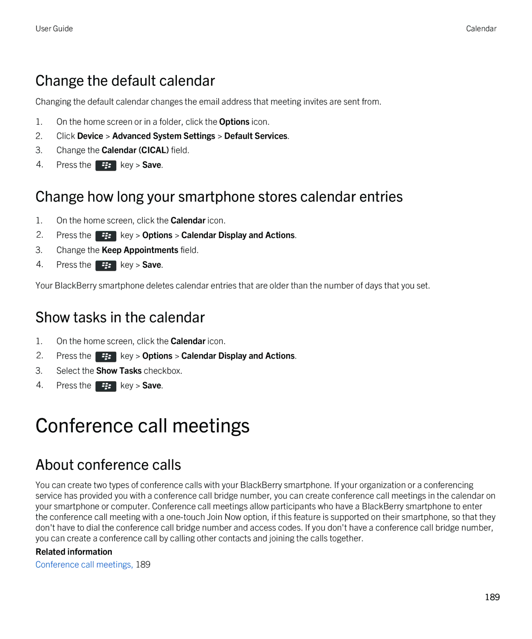 Blackberry 9810 manual Conference call meetings, Change the default calendar, Show tasks in the calendar 