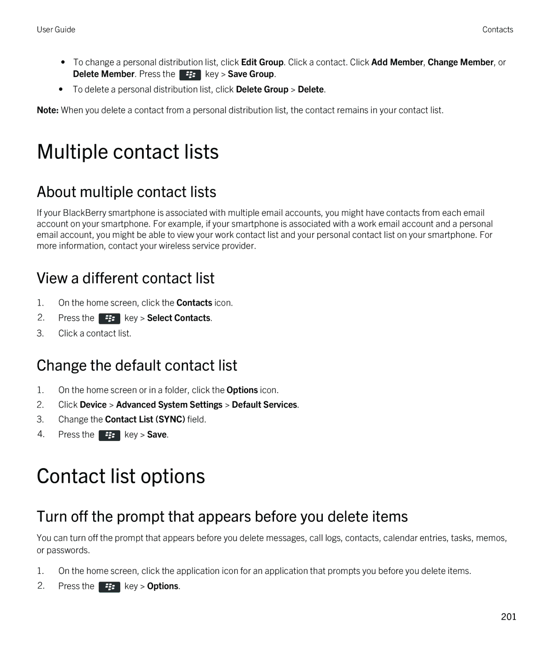 Blackberry 9810 Multiple contact lists, Contact list options, About multiple contact lists, View a different contact list 