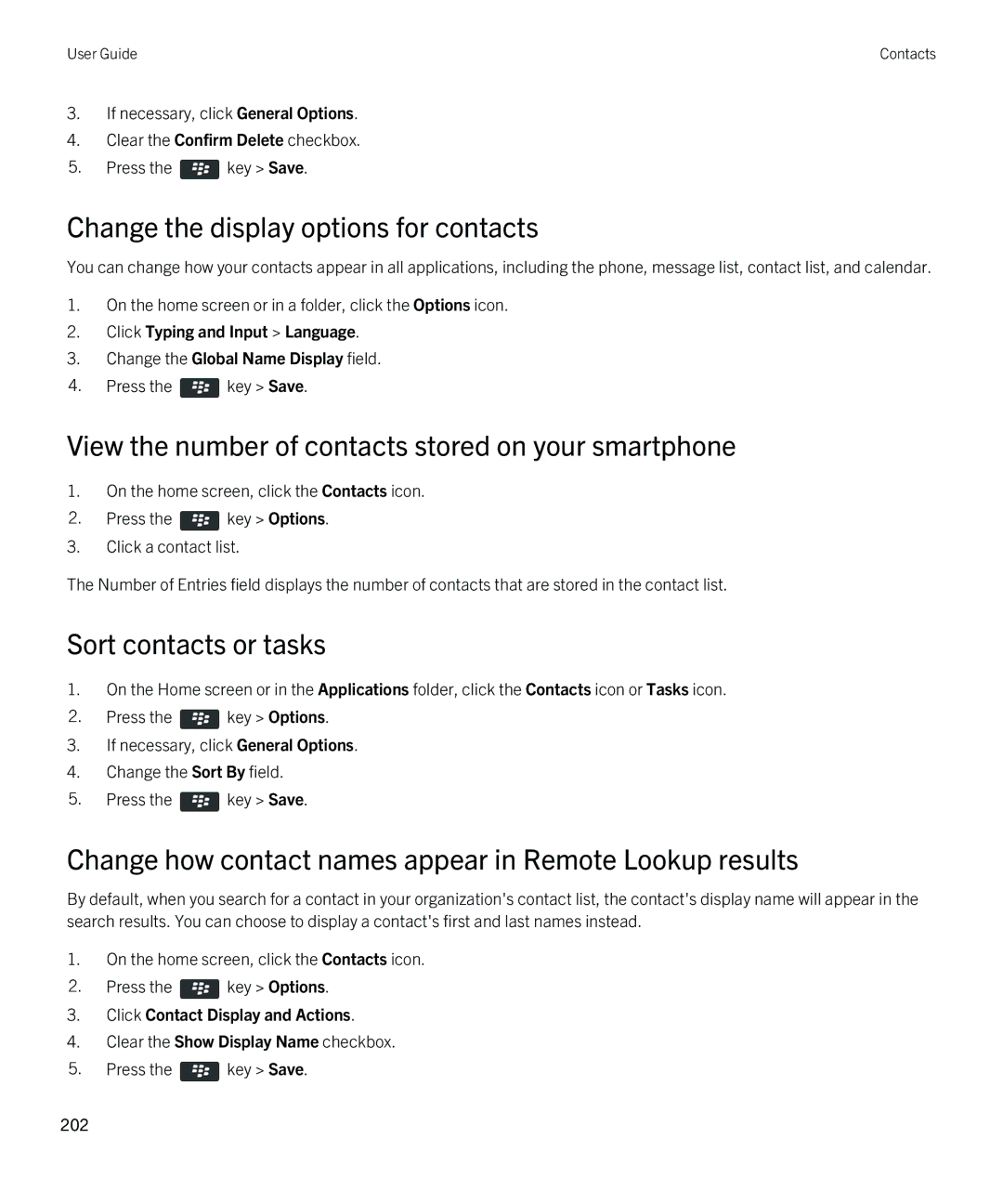 Blackberry 9810 manual Change the display options for contacts, View the number of contacts stored on your smartphone 