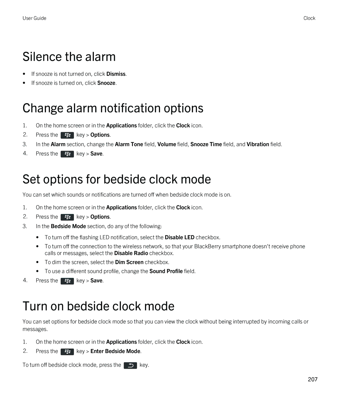 Blackberry 9810 manual Silence the alarm, Set options for bedside clock mode, Turn on bedside clock mode 