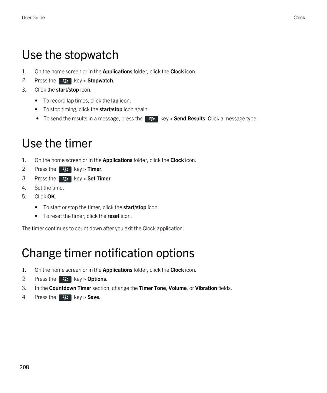 Blackberry 9810 manual Use the stopwatch, Use the timer, Change timer notification options 