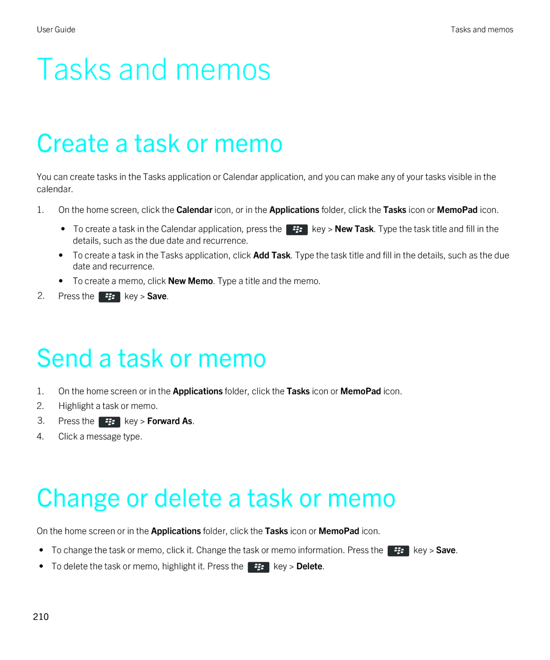 Blackberry 9810 manual Tasks and memos, Create a task or memo, Send a task or memo, Change or delete a task or memo 