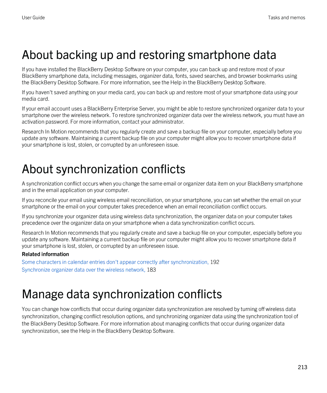 Blackberry 9810 manual About backing up and restoring smartphone data, About synchronization conflicts 