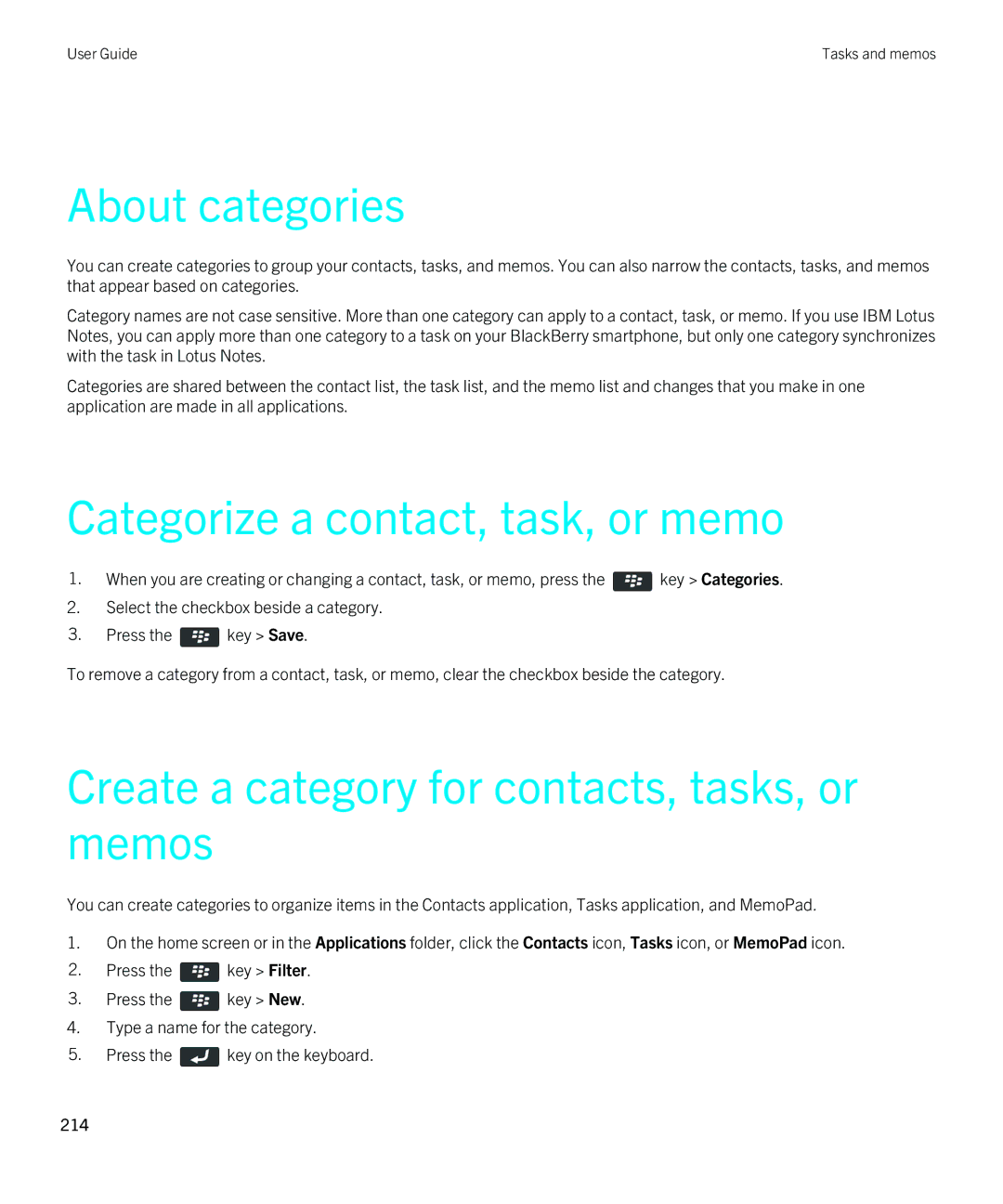 Blackberry 9810 About categories, Categorize a contact, task, or memo, Create a category for contacts, tasks, or memos 