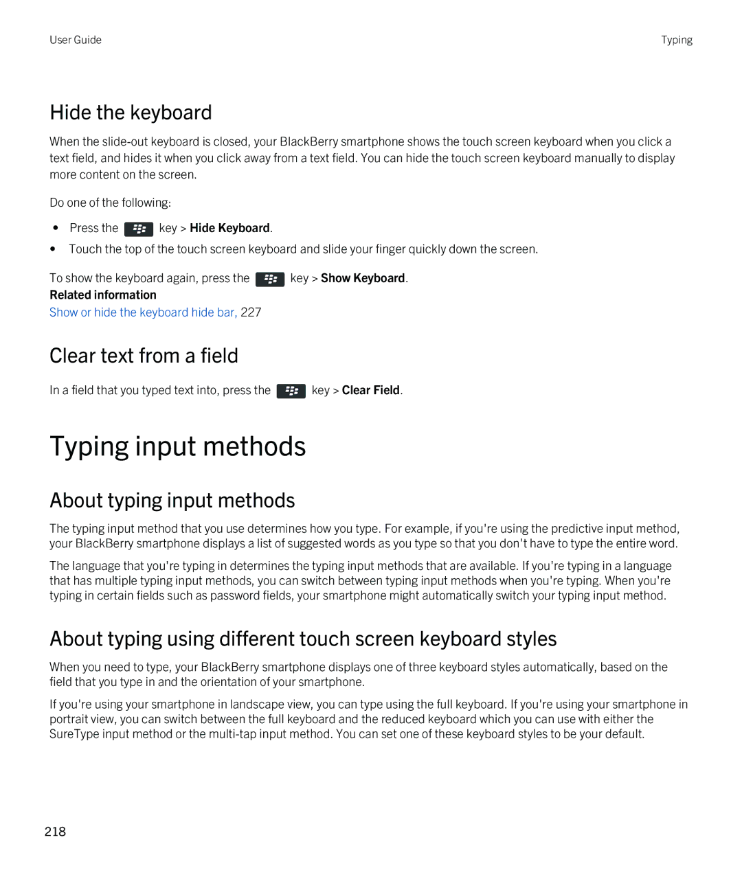 Blackberry 9810 manual Typing input methods, Hide the keyboard, Clear text from a field, About typing input methods 