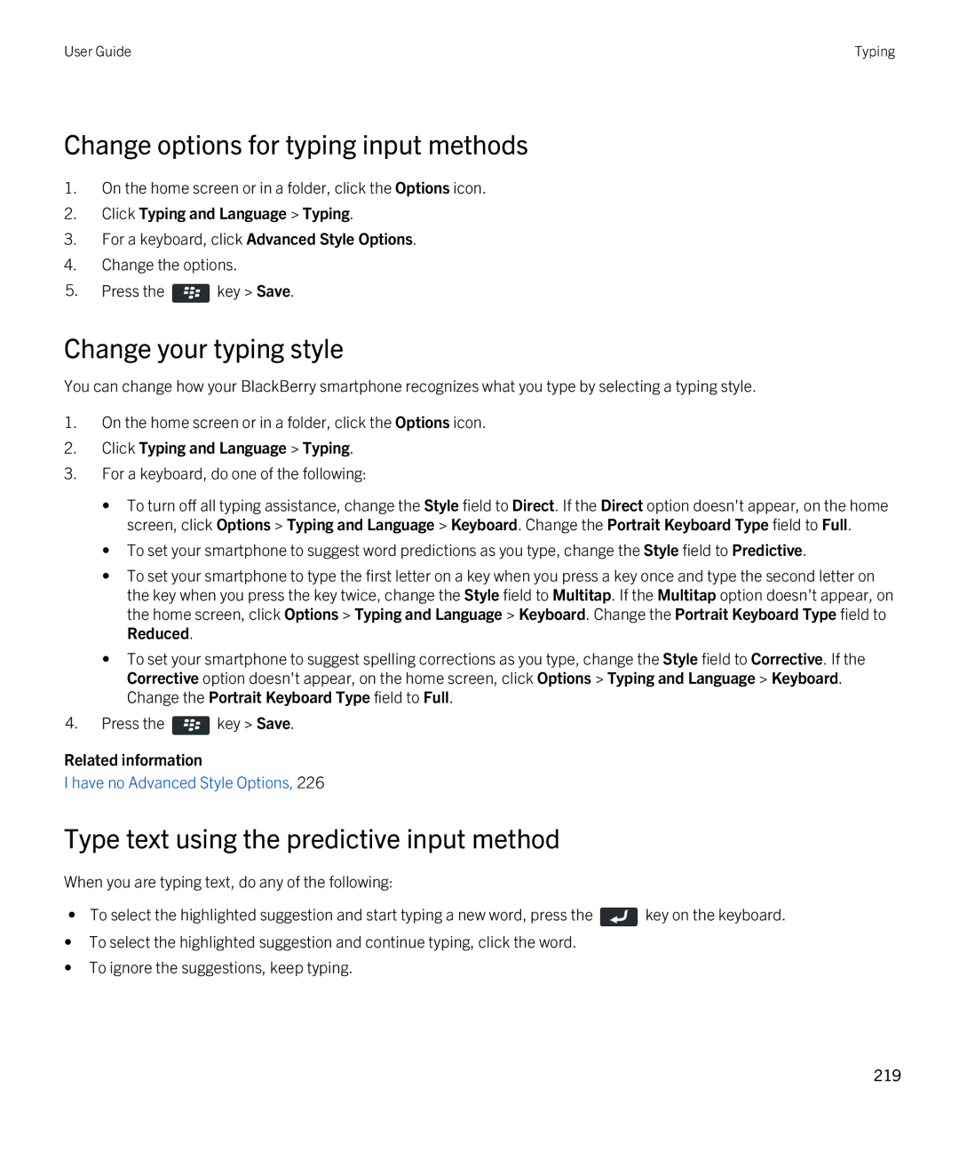 Blackberry 9810 manual Change options for typing input methods, Change your typing style, Click Typing and Language Typing 