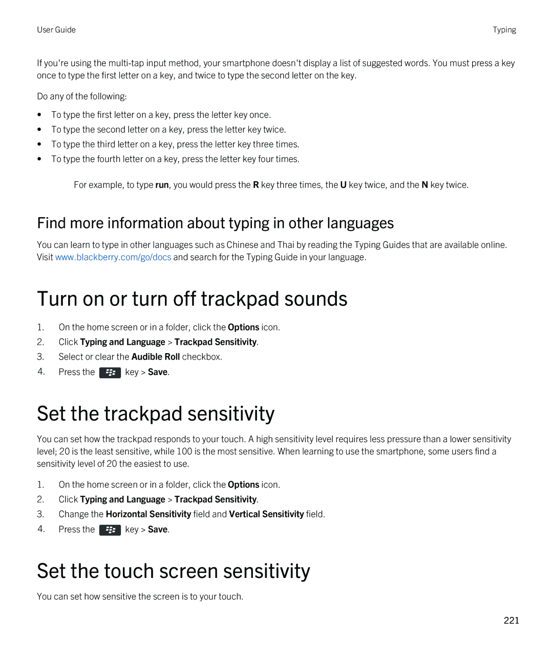 Blackberry 9810 manual Turn on or turn off trackpad sounds, Set the trackpad sensitivity, Set the touch screen sensitivity 