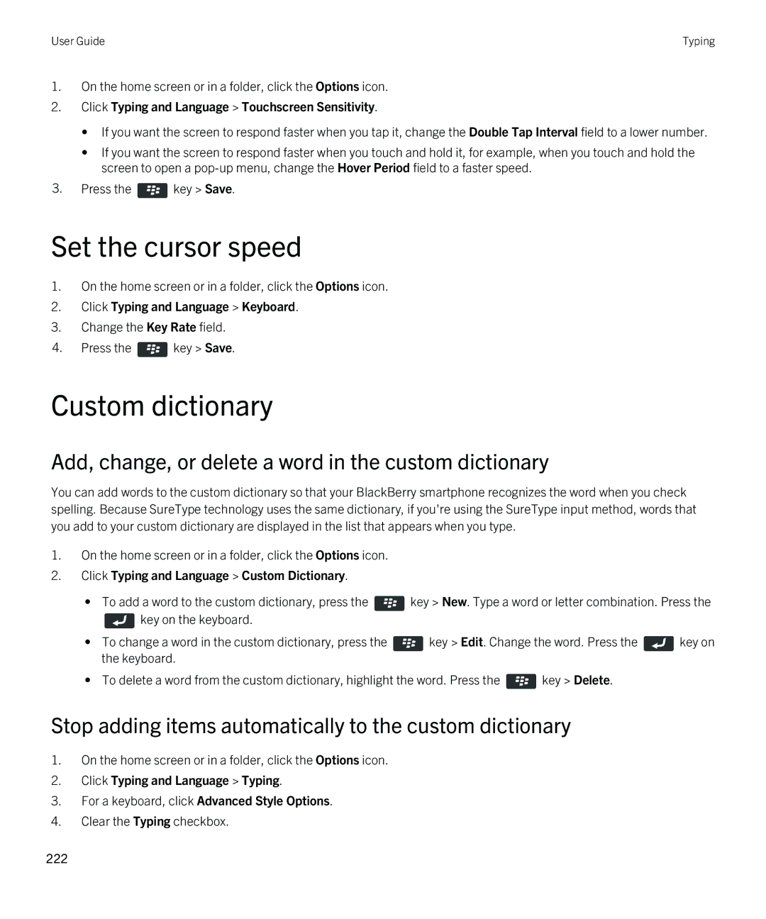 Blackberry 9810 manual Set the cursor speed, Custom dictionary, Add, change, or delete a word in the custom dictionary 