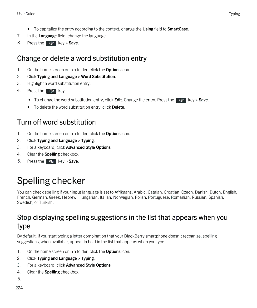 Blackberry 9810 manual Spelling checker, Change or delete a word substitution entry, Turn off word substitution 