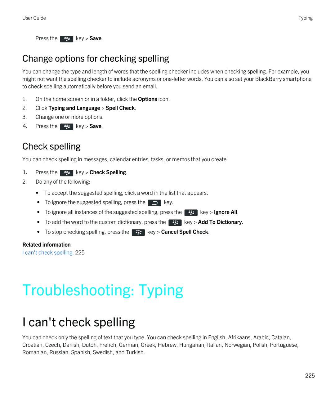 Blackberry 9810 manual Troubleshooting Typing, Cant check spelling, Change options for checking spelling 