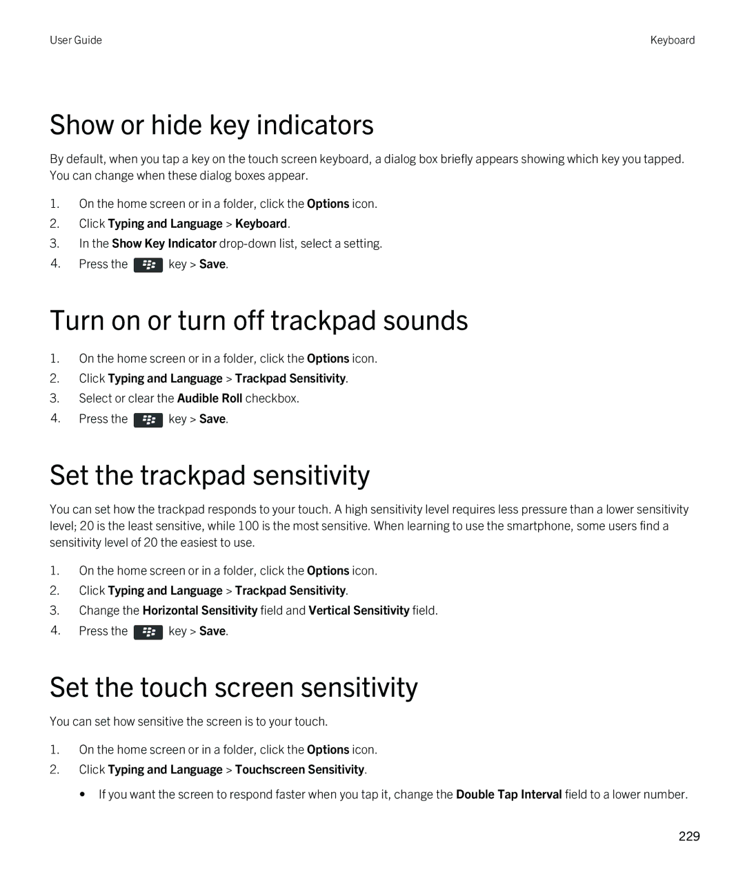 Blackberry 9810 manual Show or hide key indicators, Turn on or turn off trackpad sounds 