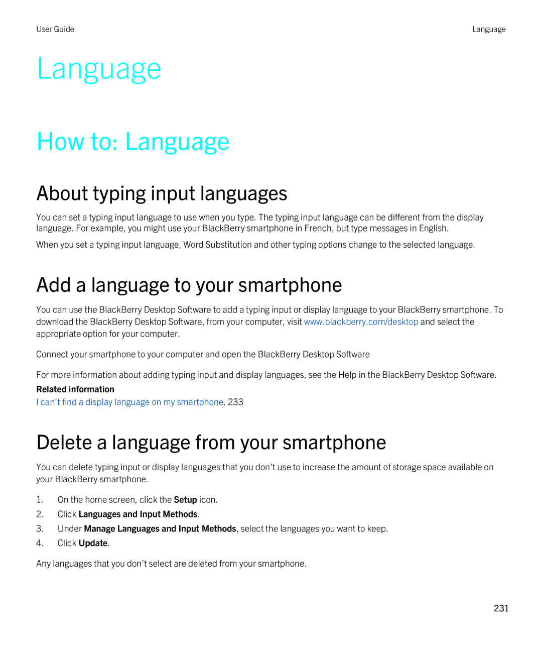 Blackberry 9810 manual How to Language, About typing input languages, Add a language to your smartphone 