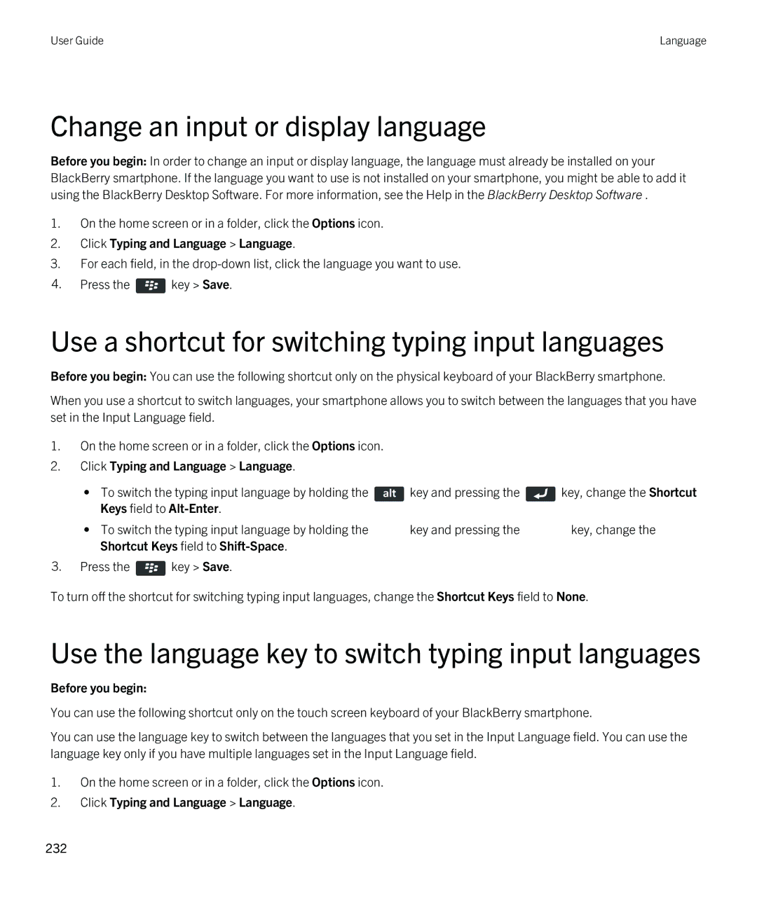 Blackberry 9810 manual Change an input or display language, Use a shortcut for switching typing input languages 