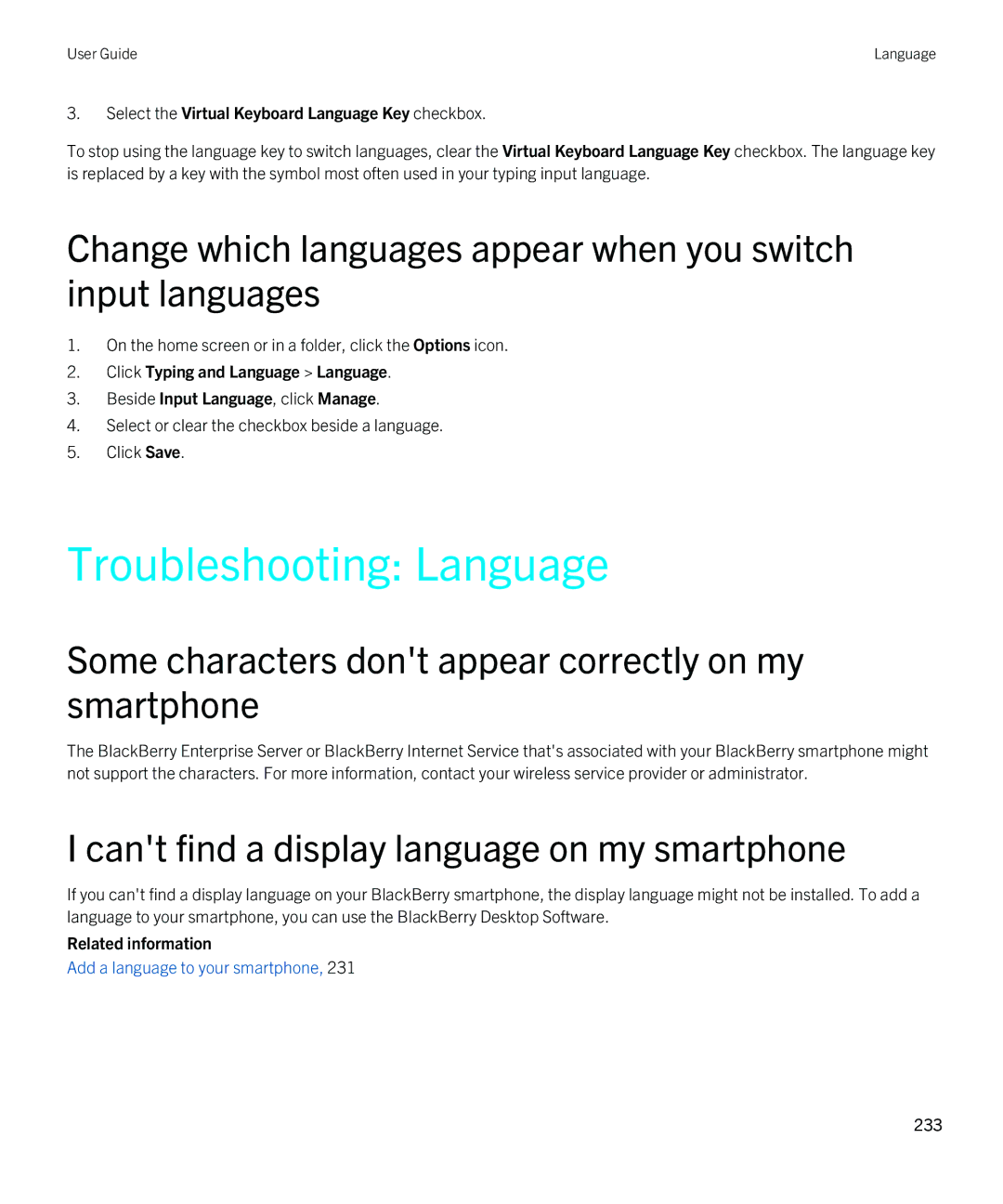 Blackberry 9810 manual Troubleshooting Language, Some characters dont appear correctly on my smartphone 